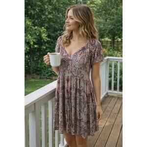 Knox Rose BabyDoll Dress Size XXL Boho Tiered Paisley Print RedPinkBeige Pockets